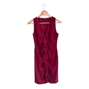 Elie Tahari Ruffle Front V Neck Sleeveless Burgundy Red Sheath Womens Size 2